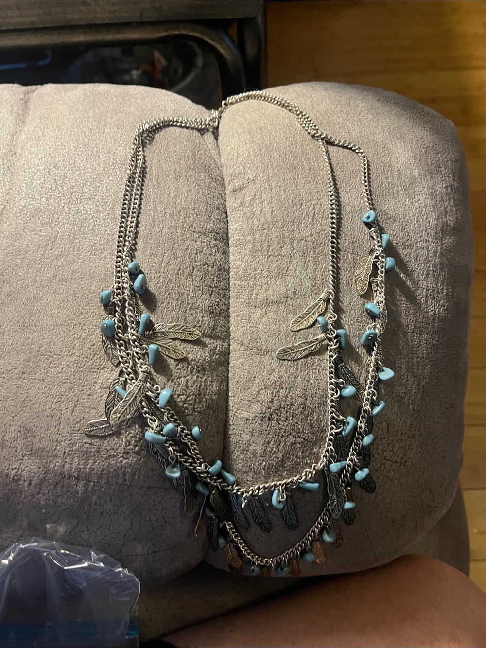 2 strand silver tone with feathers necklace. 1986